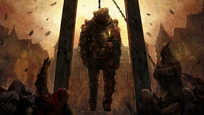 Artwork of the Dung Eater being hung in a medieval square in Elden Ring