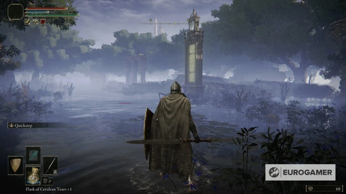 A character from Elden Ring approaches an obelisk where the map fragment of East Liurnia is located.