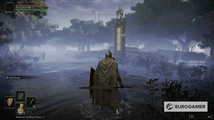 An Elden Ring character approaches an obelisk where the East Liurnia map fragment is located.