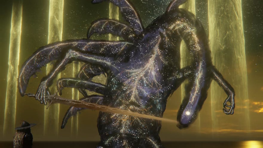 The Elden Beast, the final boss in Elden Ring, rears up before the player just before the final fight.