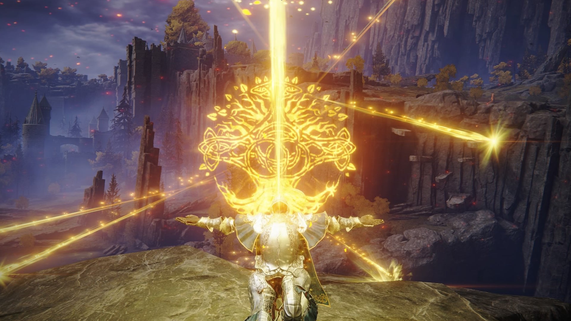 Elden Ring screenshot of the Tarnished performing the Elden Stars Spell. - 1