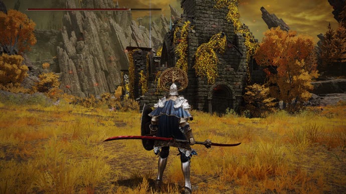 Screenshot of the Tarnished in Elden Ring wielding the Eleonora’s Poleblade