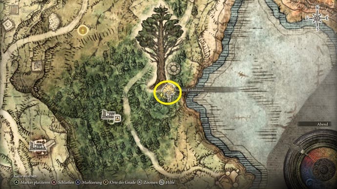 A map screen in Elden Ring showing the location of the Minor Erdtree in Limgrave
