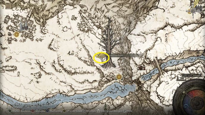 A map screen in Elden Ring showing the location of the Minor Erdtree in the Consecrated Snowfield.