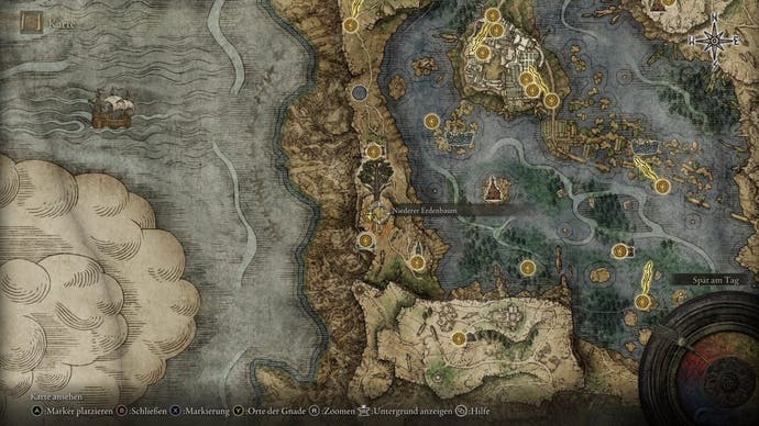 A map screen in Elden Ring showing the location of the Minor Erdtree in western Liurnia.