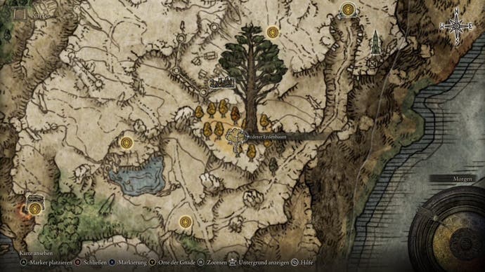 A map screen in Elden Ring showing the location of the Minor Erdtree in eastern Liurnia.
