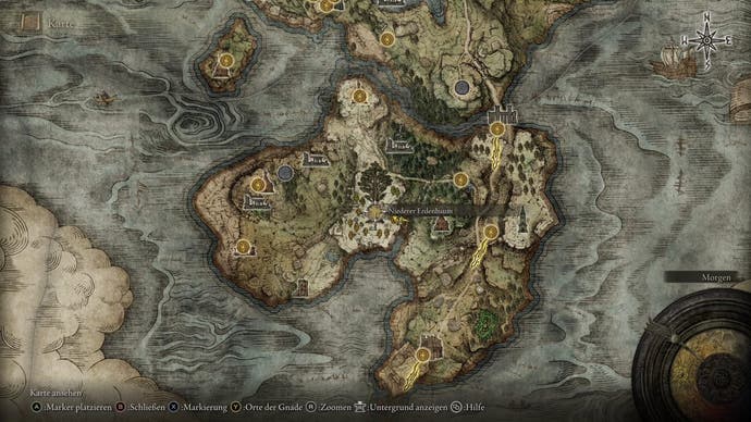 A map screen in Elden Ring showing the location of the Minor Erdtree in the Weeping Peninsula.