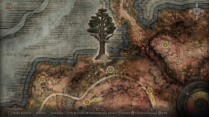 A map screen in Elden Ring showing the location of the Minor Erdtree in western Caelid.