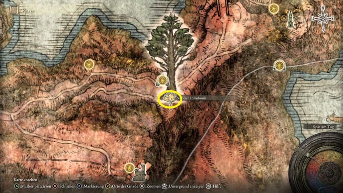 A map screen in Elden Ring showing the location of the Minor Erdtree in eastern Caelid.