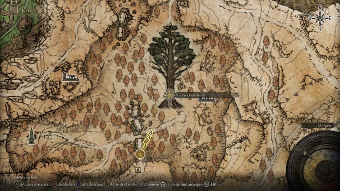A map screen in Elden Ring showing the location of the Minor Erdtree in the Atlus Plateau.