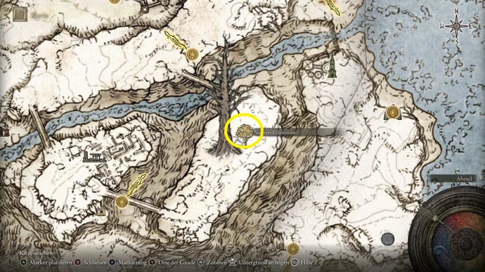A map screen in Elden Ring showing the location of the Minor Erdtree in the Mountaintops of the Giants.