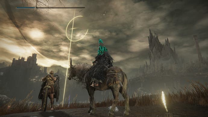 Screenshot from Shadow of the Erdtree showing a Tarnished riding Torrent, standing next to a spectral crescent-moon cross with an NPC