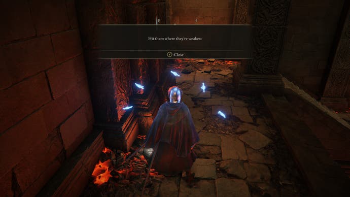 Screenshot from Shadow of the Erdtree showing an official in-game message saying "Hit them where they're weakest"