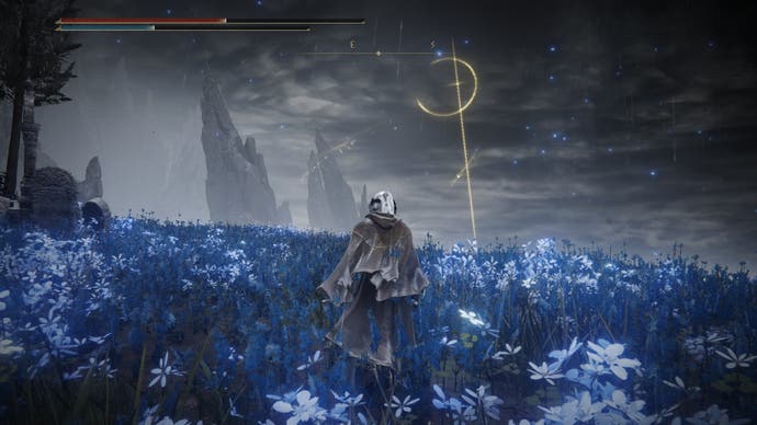 Screenshot from Shadow of the Erdtree showing a Tarnished in a magical blue field of flowers in front of a Miquella's Cross