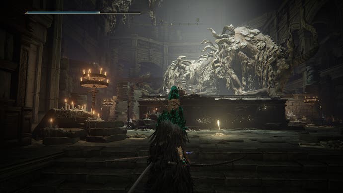 Screenshot from Shadow of the Erdtree showing a Tarnished entering a library-style building filled with huge animal specimens