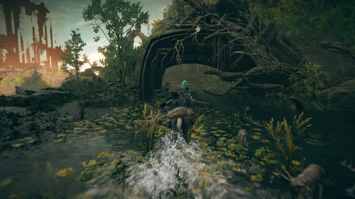 Screenshot from Shadow of the Erdtree showing a Tarnished riding Torrent through a large pond amid lush greenery