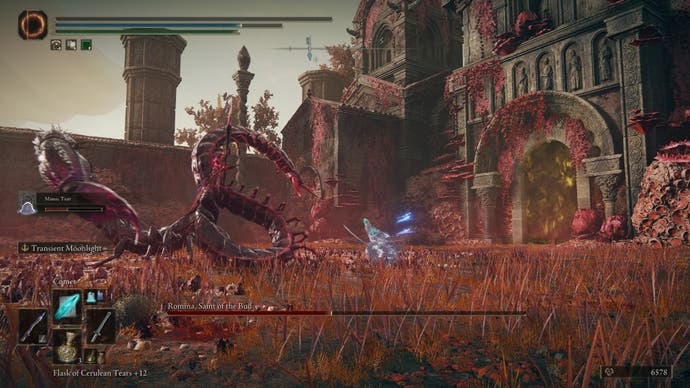 Screenshot from Shadow of the Erdtree showing a Tarnished in combat with a large centipede-like boss
