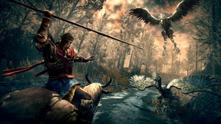 A tarnished hoists a spear at some gravebirds while on Torrentback in Elden Ring Shadow Of The Erdtree.