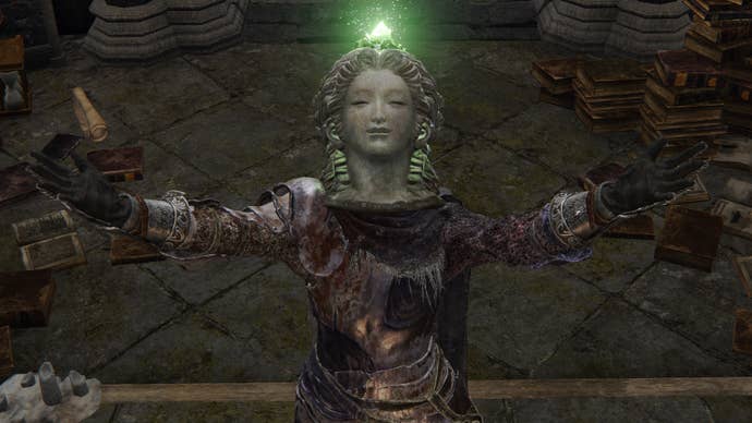 The player in Elden Ring performs the Erudition Gesture while wearing a Witch’s Glintstone Crown.