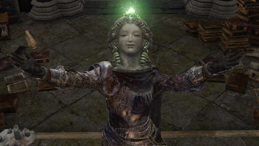 The player in Elden Ring performs the Erudition Gesture while wearing a Witch’s Glintstone Crown.