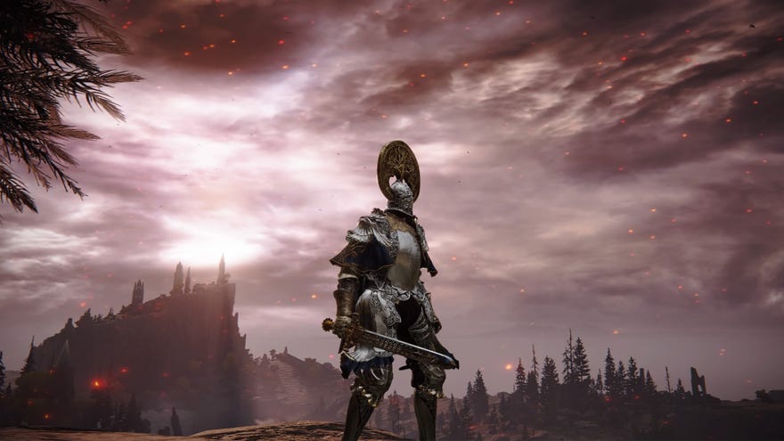 Screenshot of the Tarnished overlooking Liurnia of The Lakes in Elden Ring, wielding the Sword of Night and Flame.