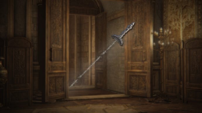 Screenshot of the Coded Sword in Elden Ring, on a background featuring a shot of Leyndell, Royal Capital.