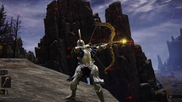 Screenshot of the Tarnished in Elden Ring, loosening an arrow from the Erdtree Bow whilst overlooking a cliff edge.