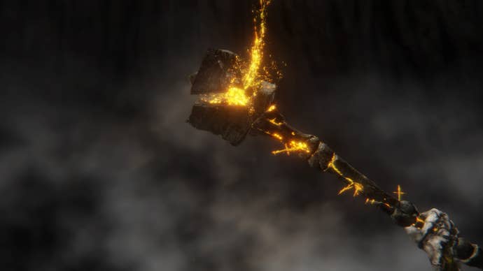 Screenshot of Marika’s Hammer in Elden Ring, wielded by Radagon.