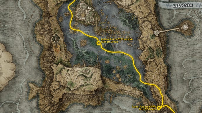 Une partie de la carte Elden Ring, avec le chemin le plus rapide pour atteindre le point de départ de l'extension Shadow Of The Erdtree surligné en jaune.