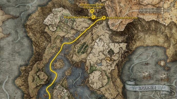 Une partie de la carte Elden Ring, avec le chemin le plus rapide pour atteindre le point de départ de l'extension Shadow Of The Erdtree surligné en jaune.