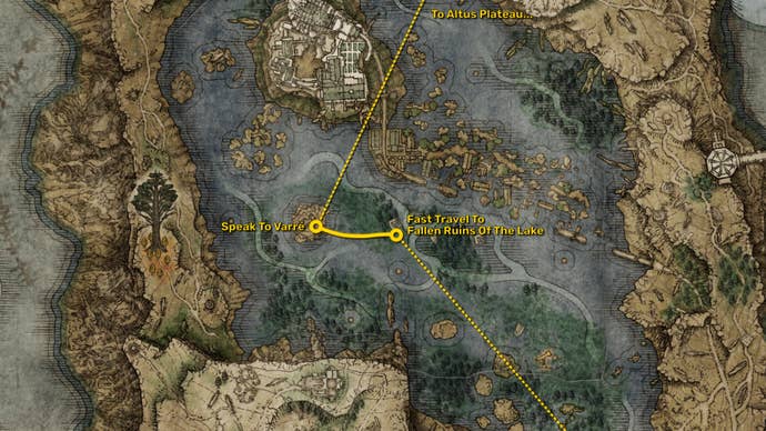 Part of the Elden Ring map, with the fastest path to reach the Shadow Of The Erdtree expansion starting point highlighted in yellow.