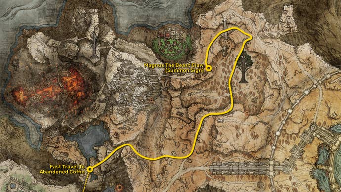 Part of the Elden Ring map, with the fastest path to reach the Shadow Of The Erdtree expansion starting point highlighted in yellow.