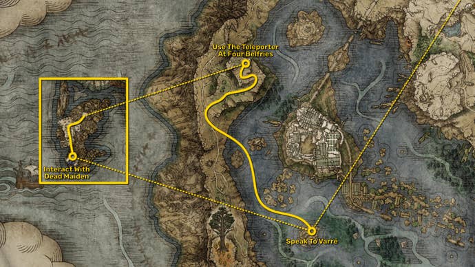 Part of the Elden Ring map, with the fastest path to reach the Shadow Of The Erdtree expansion starting point highlighted in yellow.