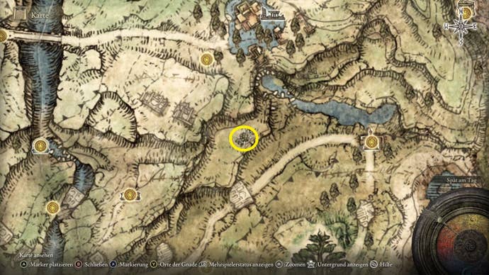 A map screen from Elden Ring showing the location of Fevor’s Cookbook 1