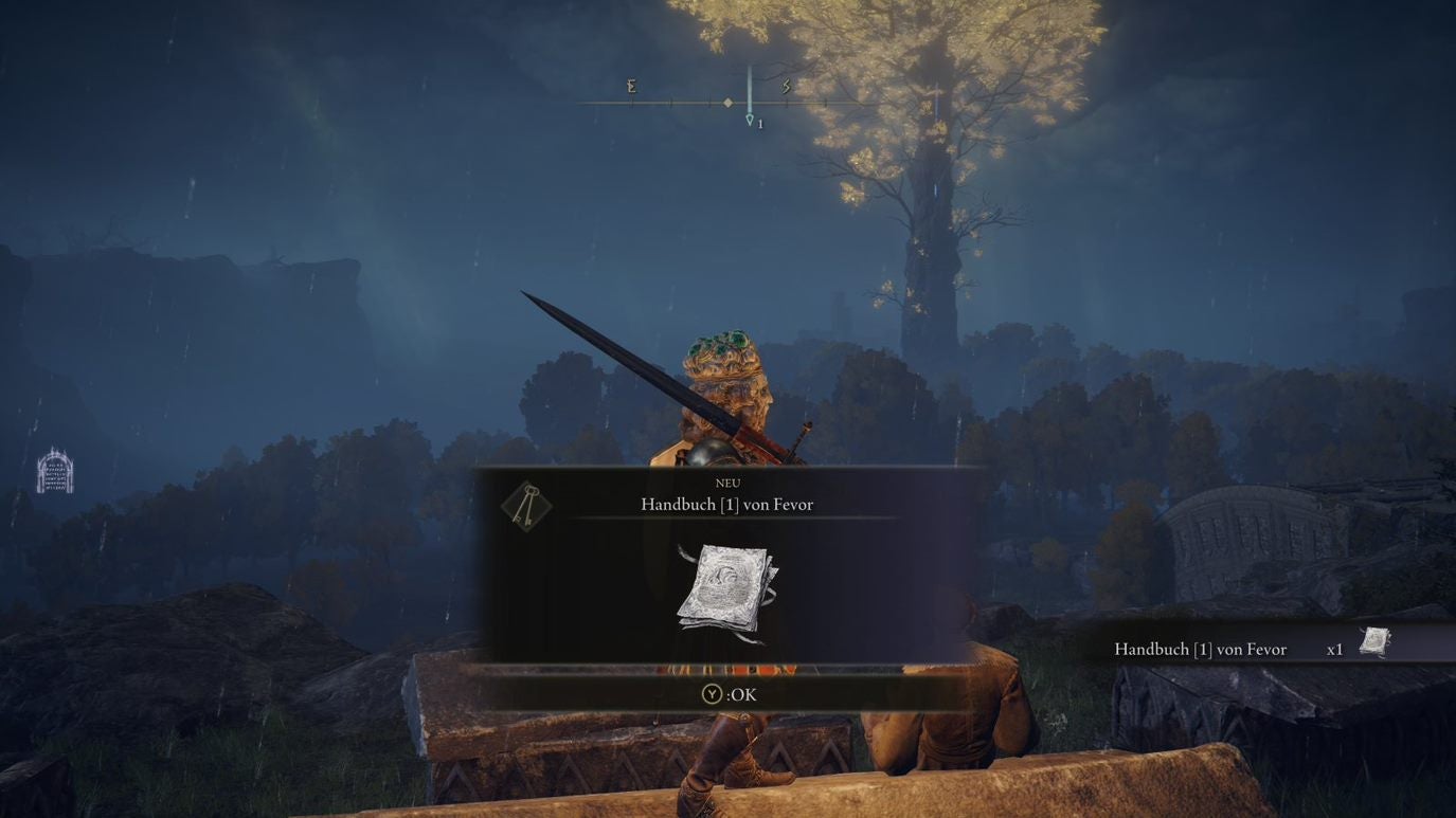 A warrior stands in front of an Erdtree in Elden Ring at the location of the Fevor&rsquo;s Cookbook 1