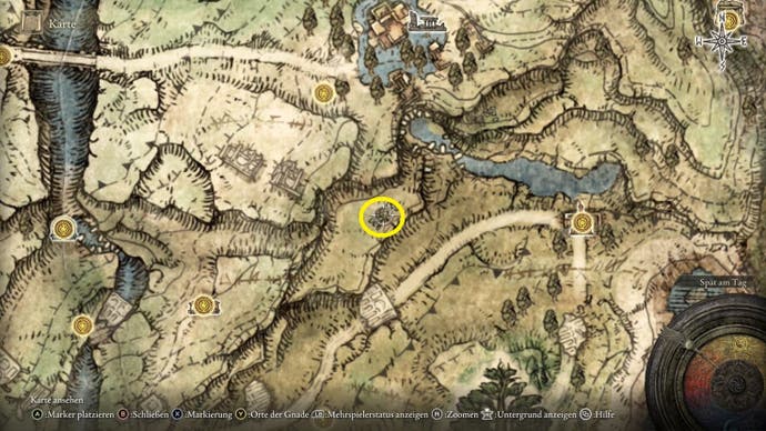 A map screen from Elden Ring showing the location of Fevor's Cookbook 1