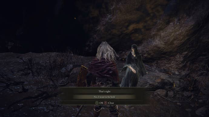 The player asks to be held by Fia in Elden Ring.