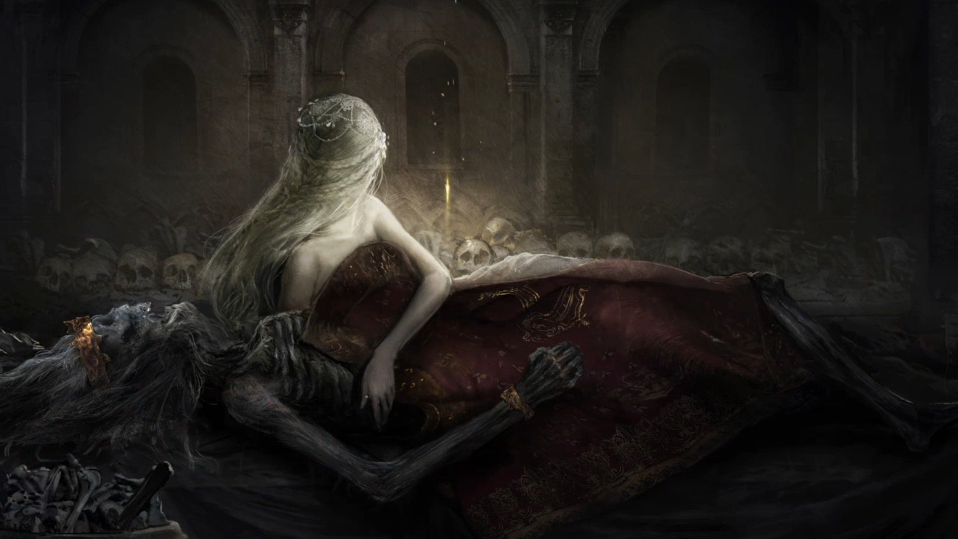 A screenshot from a cutscene in Elden Ring depicting Fia, the Deathbed Companion, lying next to a corpse. - 6