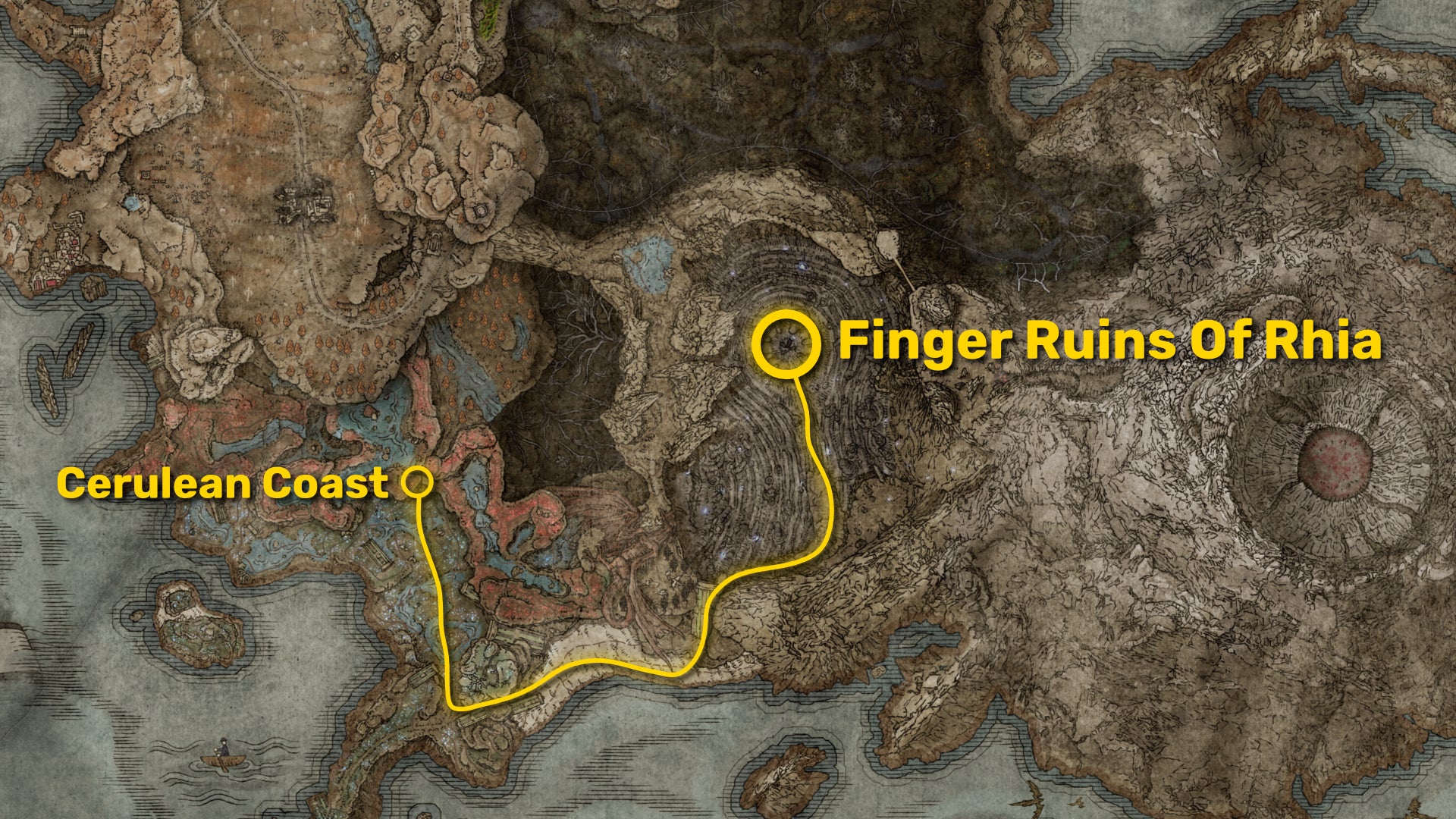 Part of the Elden Ring: Shadow Of The Erdtree map, with the path from the Cerulean Coast to the Finger Ruins Of Rhia marked in yellow. - 6