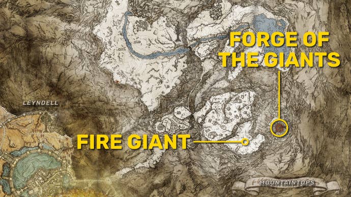 Part of the Elden Ring map with the locations of the Fire Giant and the Forge Of The Giants highlighted in yellow.