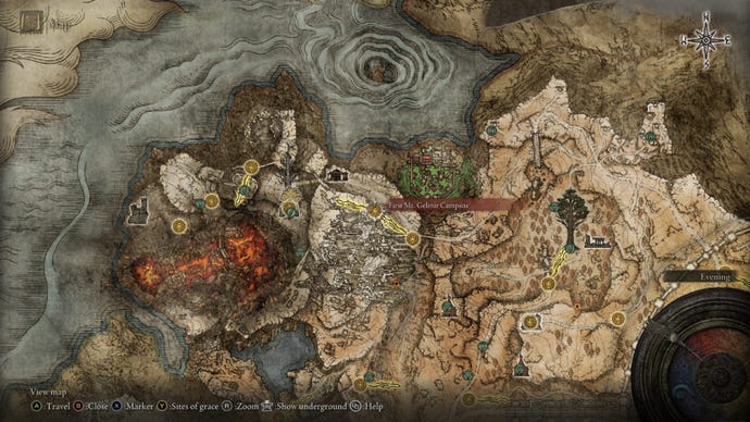 Elden Ring First Mt Gelmir campsite map location.
