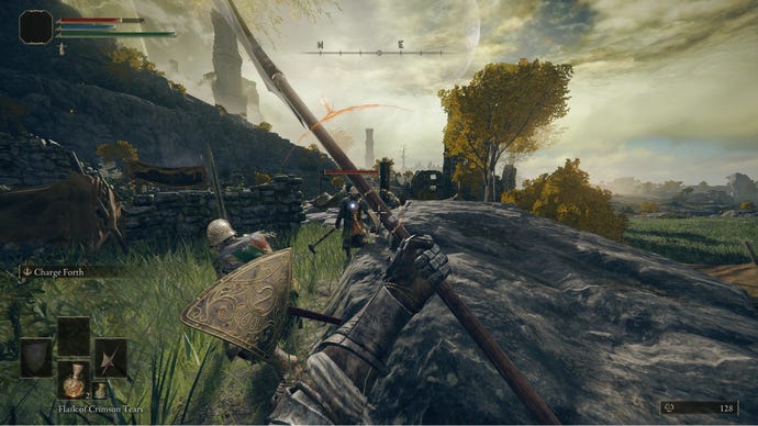 The player in Elden Ring fights two Soldiers Of Godrick in first-person perspective.