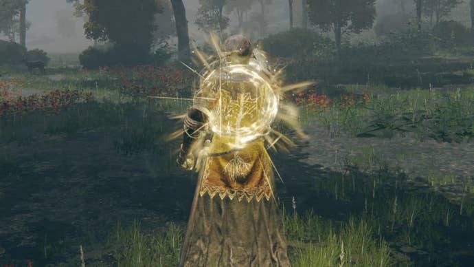 Elden Ring: the player imbibes an elixir from the Flask of Wondrous Physick while outside in a forest.