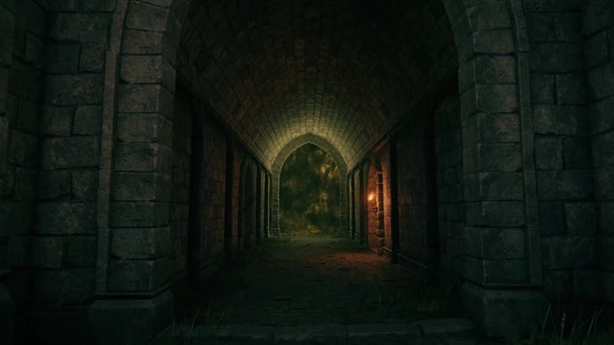 A screenshot from Elden Ring which shows the ominous glow of a fog door in Elden Ring.