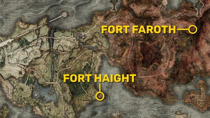 Part of the Elden Ring map with the locations of Fort Haight and Fort Faroth marked.