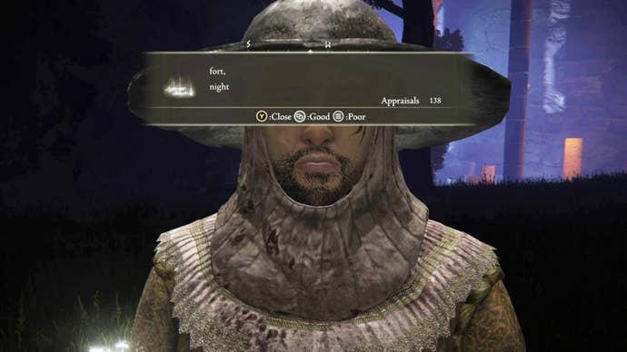 An Elden Ring player faces the camera, with a player message that reads, "fort, night" obscuring their eyes.