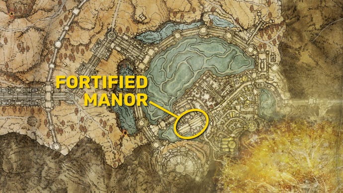 Part of the Elden Ring map of Leyndell, with the location of the Fortified Manor highlighted in yellow.
