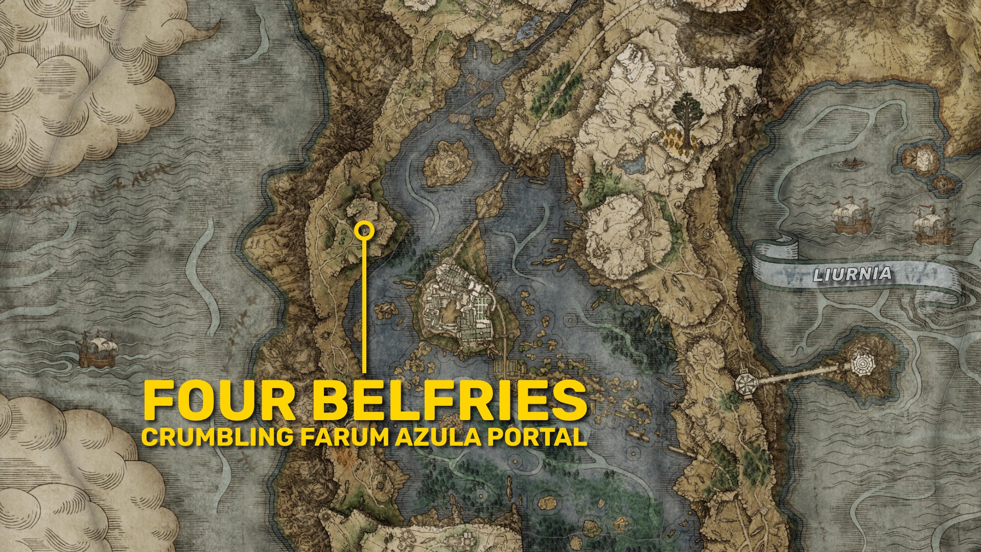 Part of the Elden Ring map focusing on the Four Belfries in Liurnia. The portal to Crumbling Farum Azula is highlighted in yellow. - 5