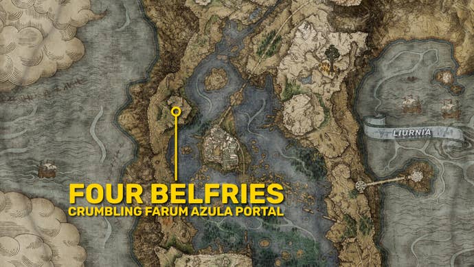 Part of the Elden Ring map focusing on the Four Belfries in Liurnia. The portal to Crumbling Farum Azula is highlighted in yellow.