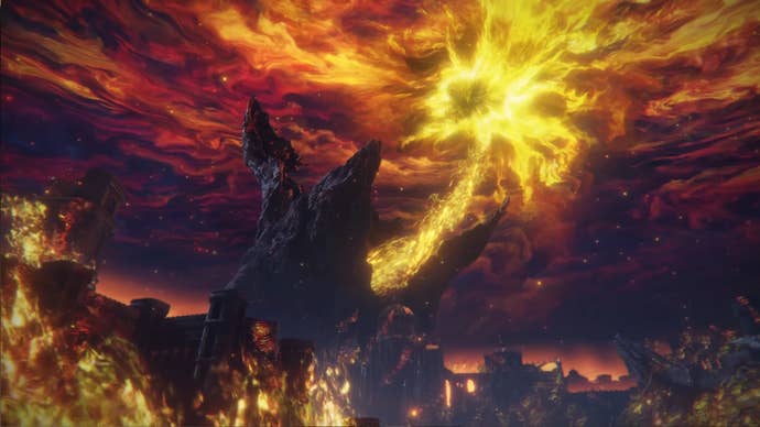 A destroyed Erdtree against a sky dominated by the Frenzied Flame in one of the Elden Ring ending cinematics.
